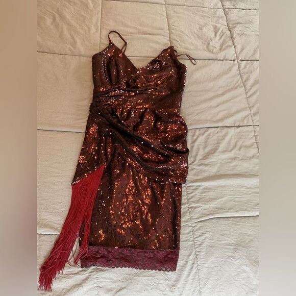 Dress the Population Red Sequined Fringe Lace Hem Cocktail Party Mini Dress Sz S - Picture 3 of 5